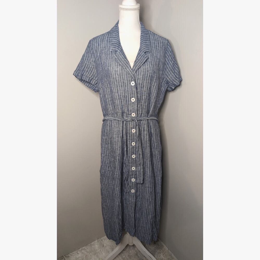 Quince 100% European Linen Button Front Dress Chambray Stripe M